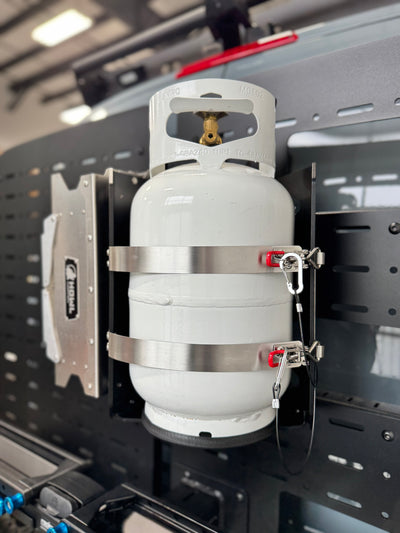 Shuksan PS-10-HR1 with 10lb propane tank mounted to Sprinter rear door carrier