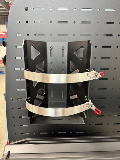 Empty Shuksan PS-10 Propane Shuttle mounted to rear door carrier of Sprinter van