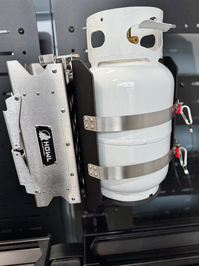 Howl R1 mounted with 10lb propane tank on Shuksan PS-10-HR1 combination tank and fireplace carrier